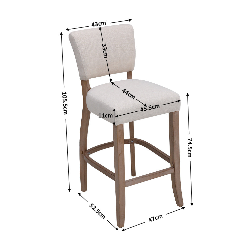 Set of 2 Height Linen Bar Stool for Kitchen, Beige