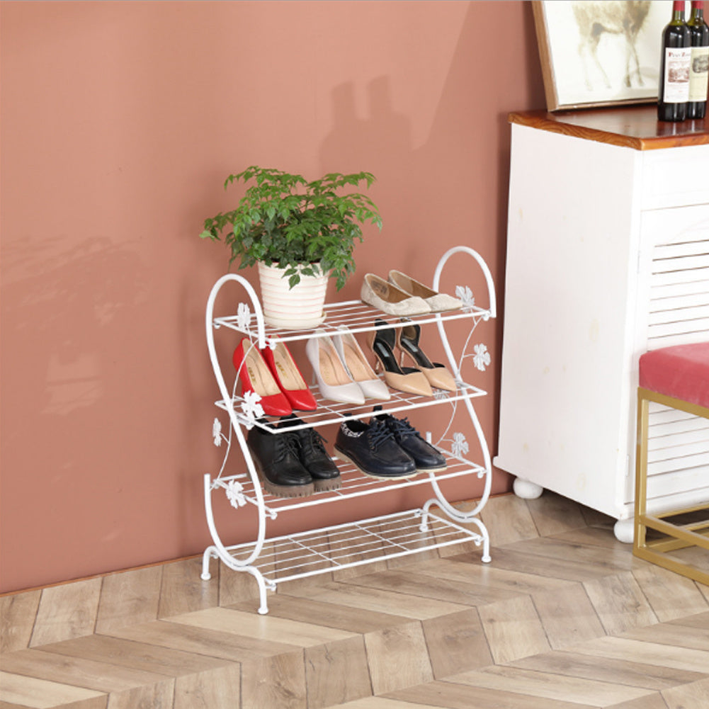 4 Tier Iron Shoe Rack Leaf Decoration, White