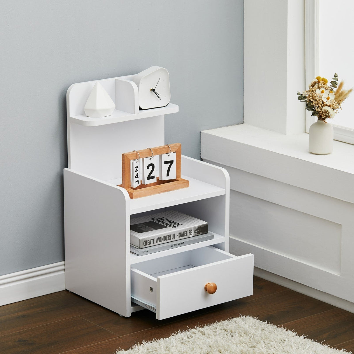 Wood White Bedside Table Nightstand With Drawers