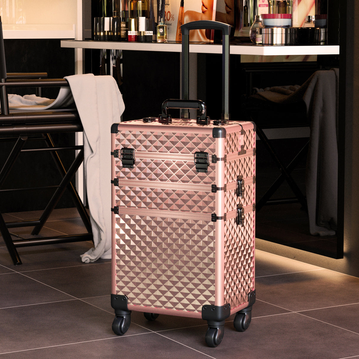 3in1 Cosmetic Train Case with Detachable Beauty Storage Box,Rose Gold