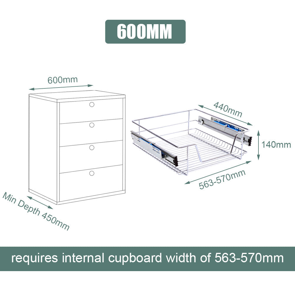 Set of 2 Pull Out Wire Basket Kitchen Cabinet Larder Organizer Cupboard Drawer, 60CM