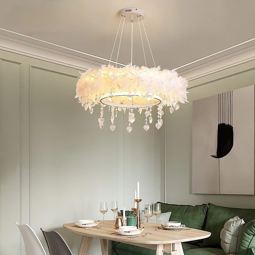 White Double Layer Feather LED Pendant Light with Crystals