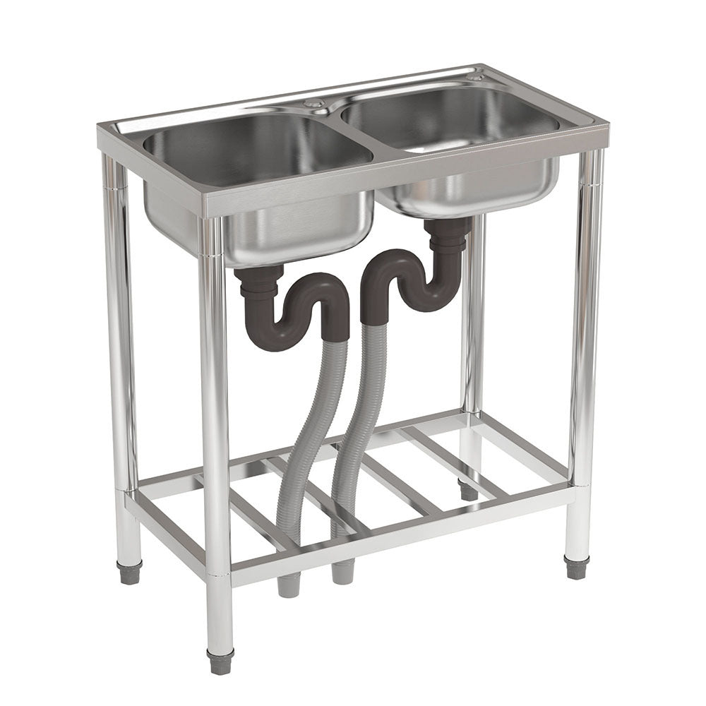 Freestanding Two Compartment Stainless Steel Sink with Shelf