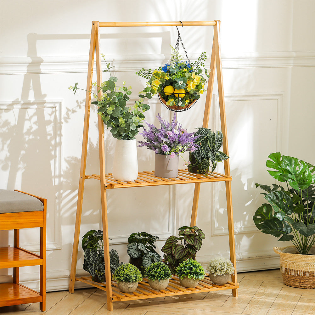 2 Tier Bamboo Hanging Plant Stand Folding Planter Shelves