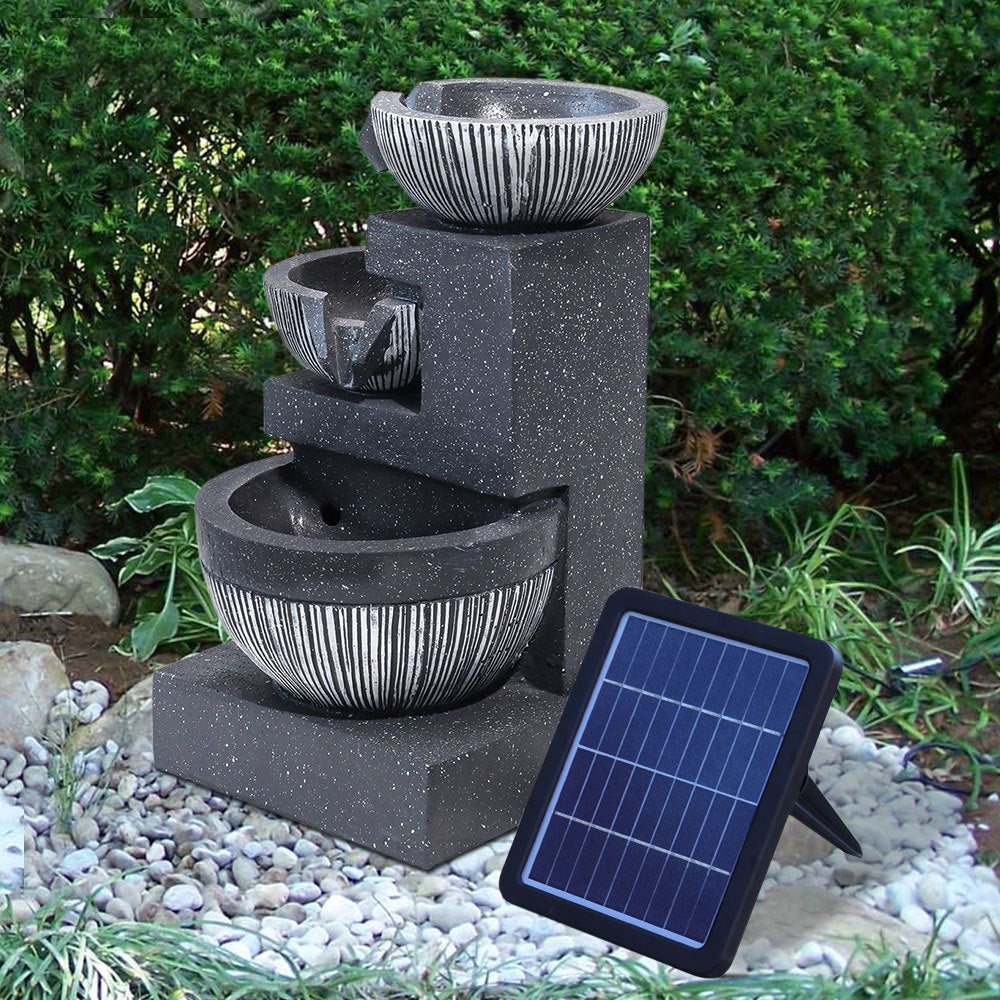 Outdoor Water Fountain Rockery Decoration 3 Tier Bowls Solar Powered