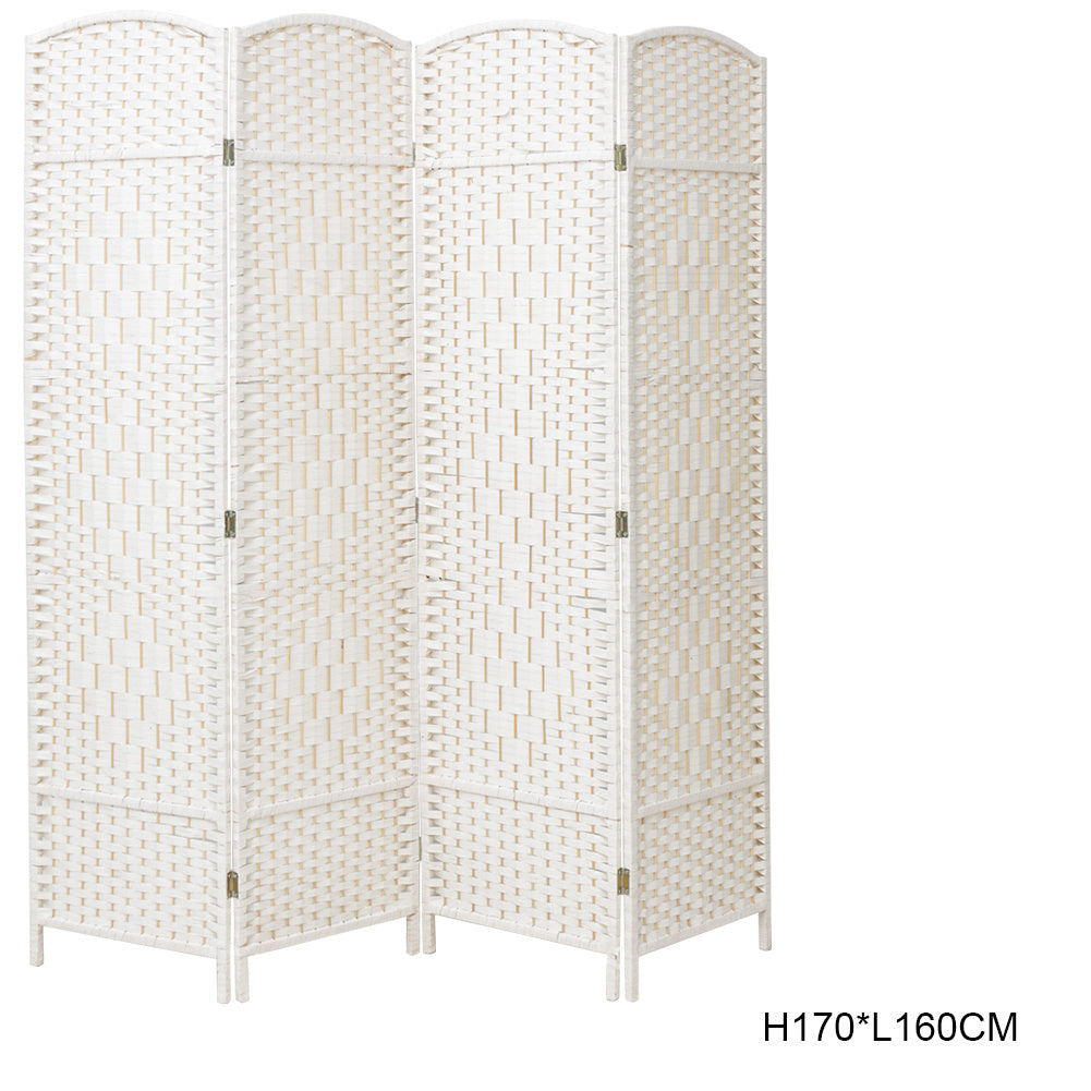 White Solid Weave Wicker Wood Room Divider 4 Panel