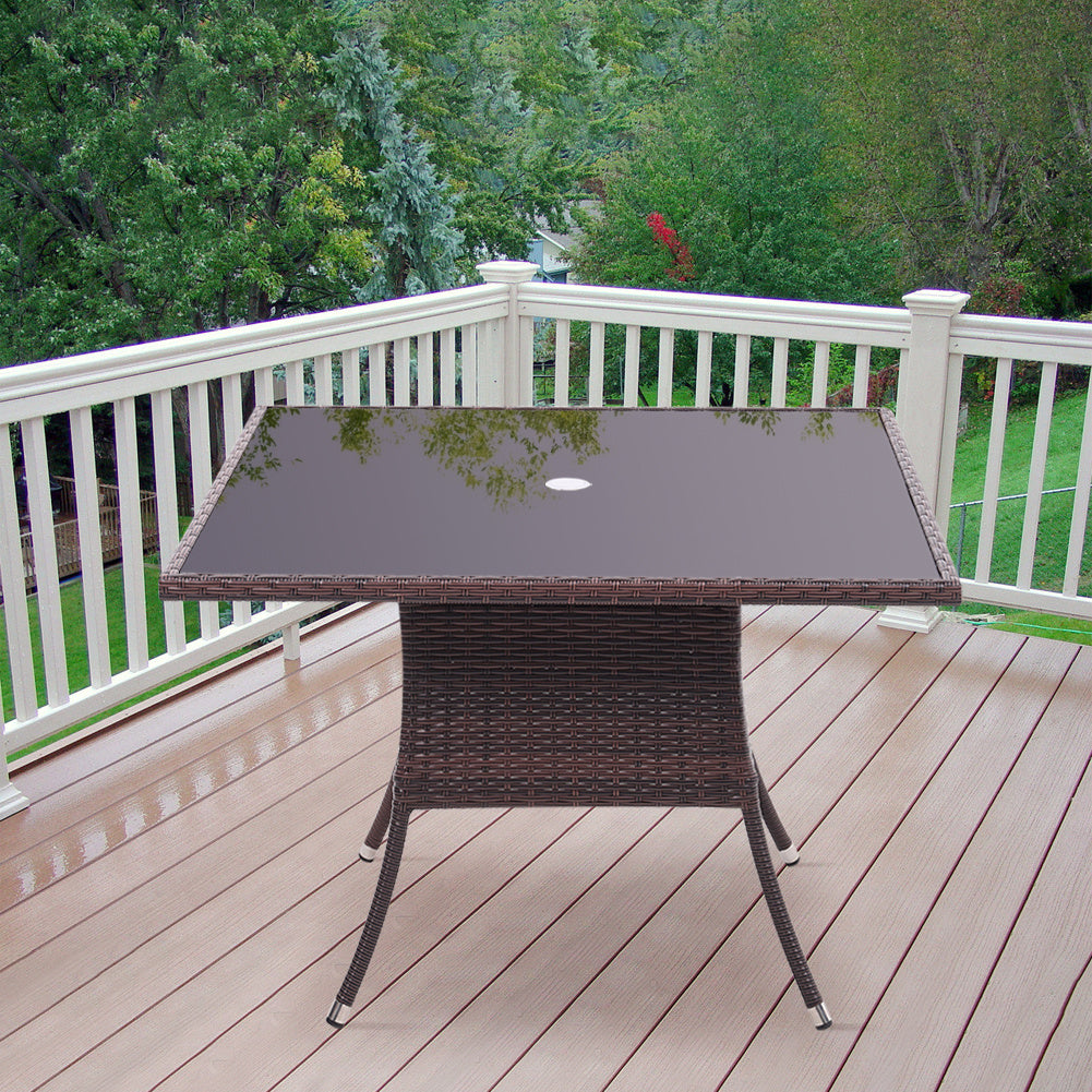 105CM Patio Garden Square Rattan Glass Table With Umbrella Hole Brown