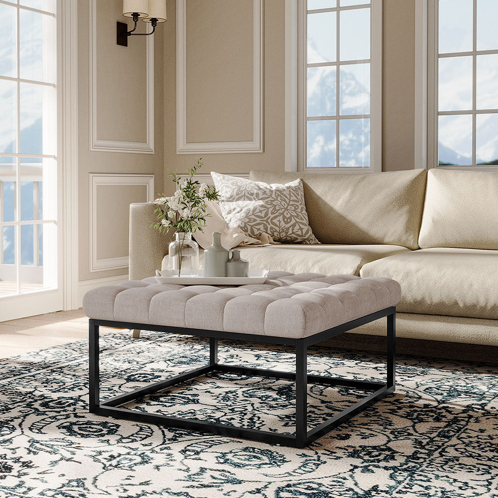 Square Linen Footstool with Metal Frame