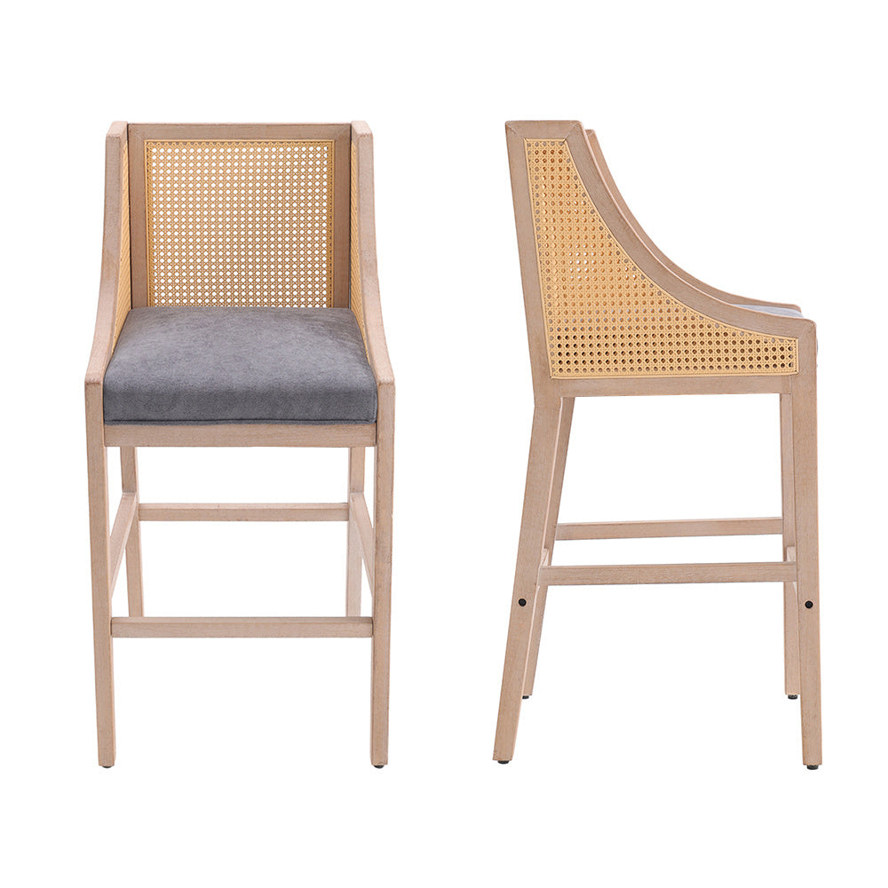 2Pcs Natural Rattan Bar Stools Kitchen Stools with Backrest,Grey