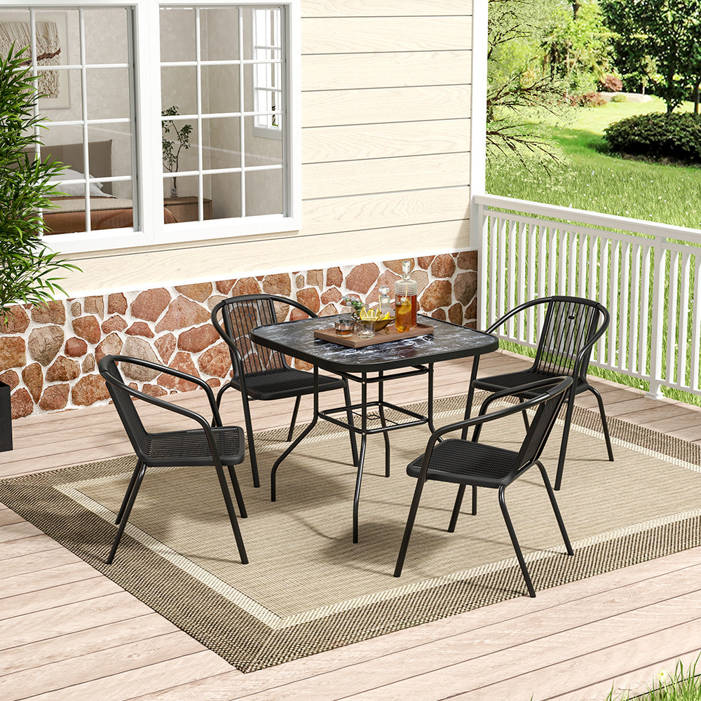 Black Square Garden Tempered Glass Marble Coffee Table with Four chairs