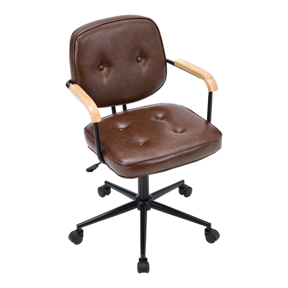 Brown Leather Office Chair with Wood Armrests