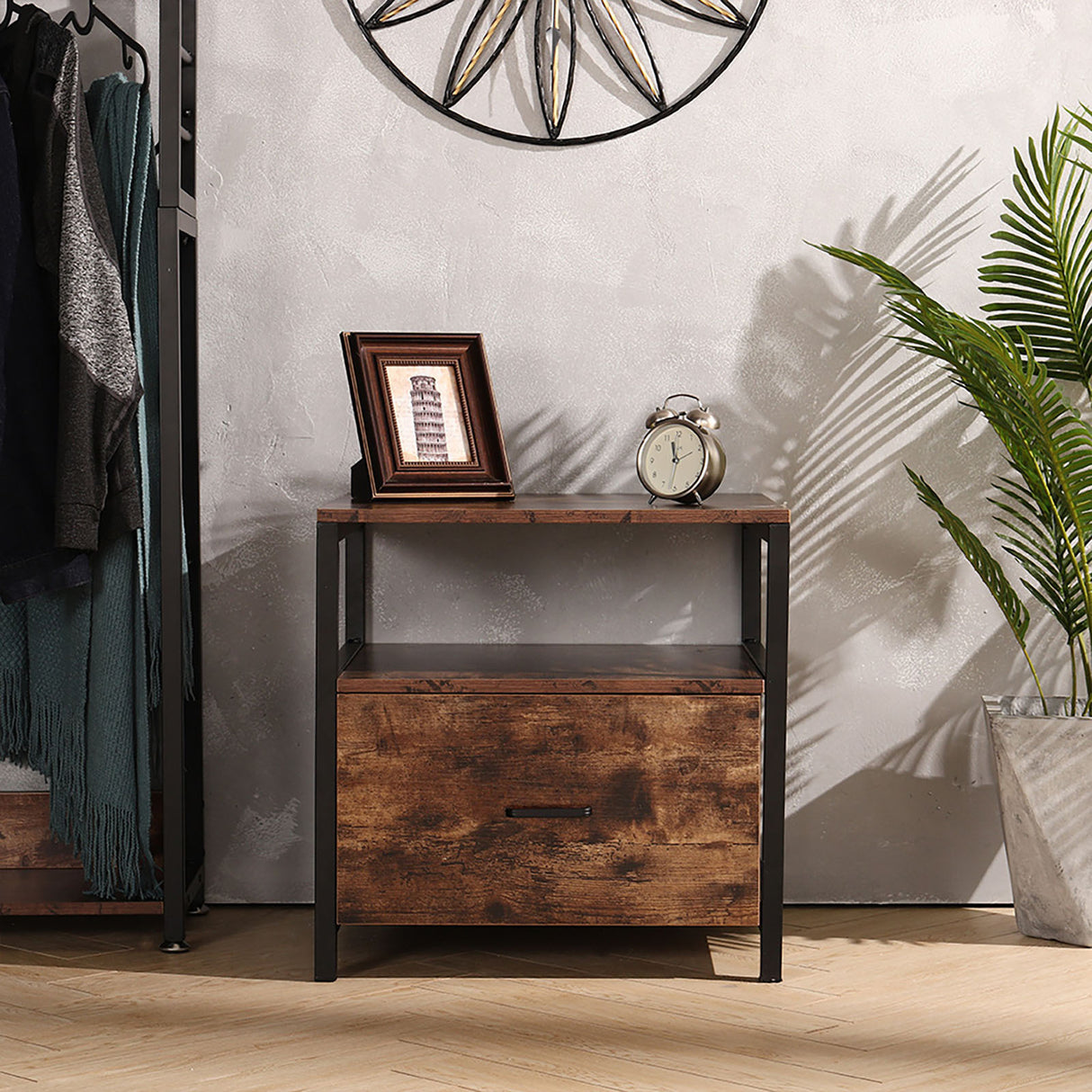 Industrial Bedside Table with Drawer Iron Frame Rustic Wood