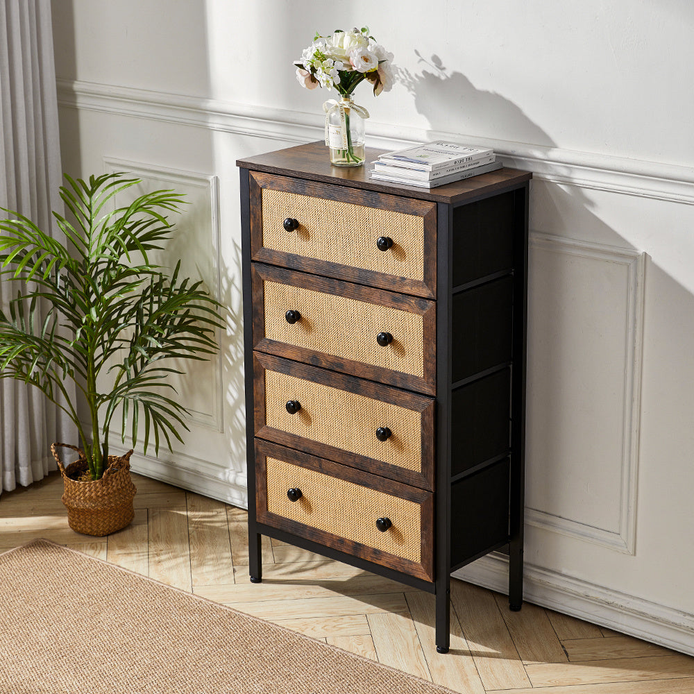 4 Drawer Rustic Rattan Storage Cabinet