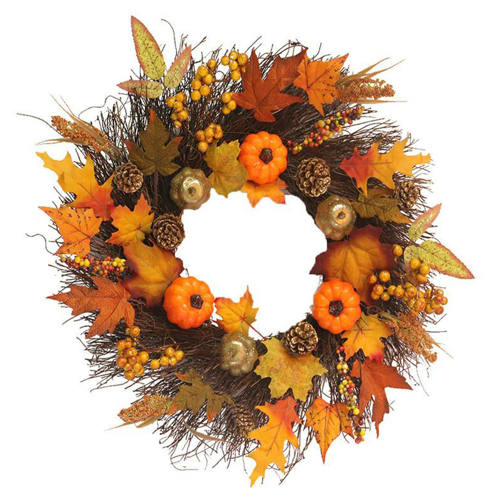 45CM Fall Pumpkin Wreath Autumn Maple Leaf Garland With LED Light
