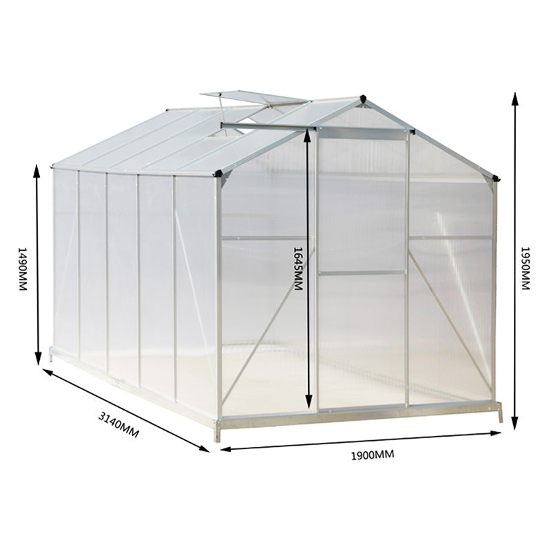 10ft x 6ft Greenhouse Polycarbonate Aluminium Greenhouse with Window, Sliding Door, and Foundation