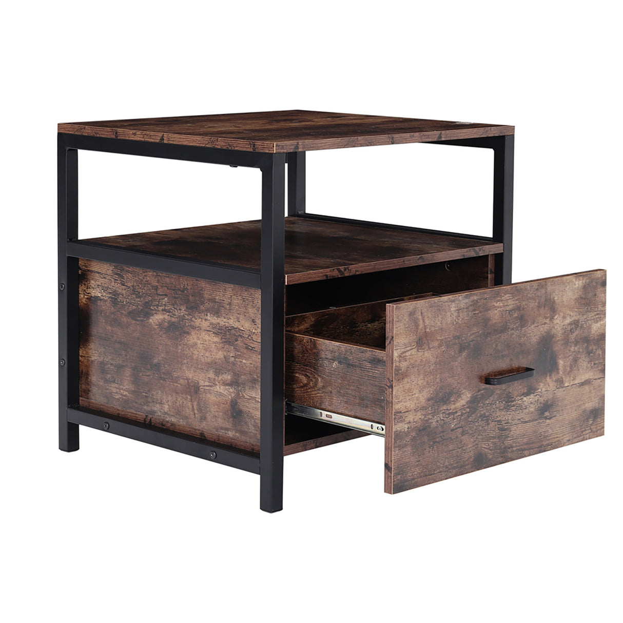 Industrial Bedside Table with Drawer Iron Frame Rustic Wood