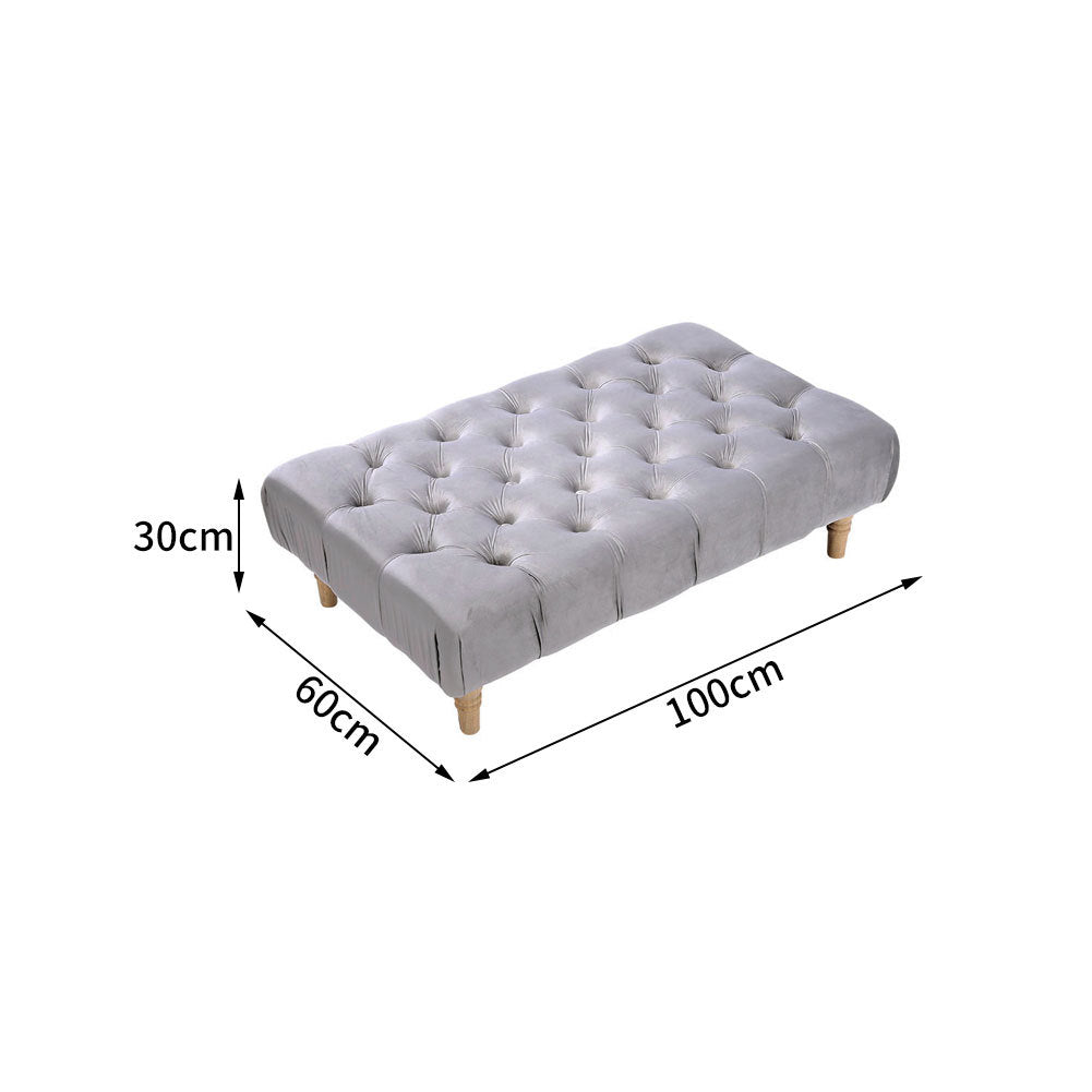 Velvet Buttoned Footstool with Wood Legs, Grey
