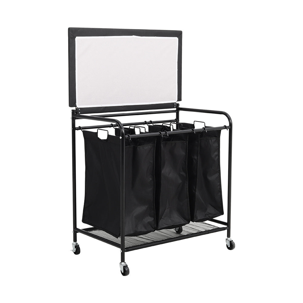 Black 3 Bag Wheeled Laundry Sorter Cart with Ironing Board