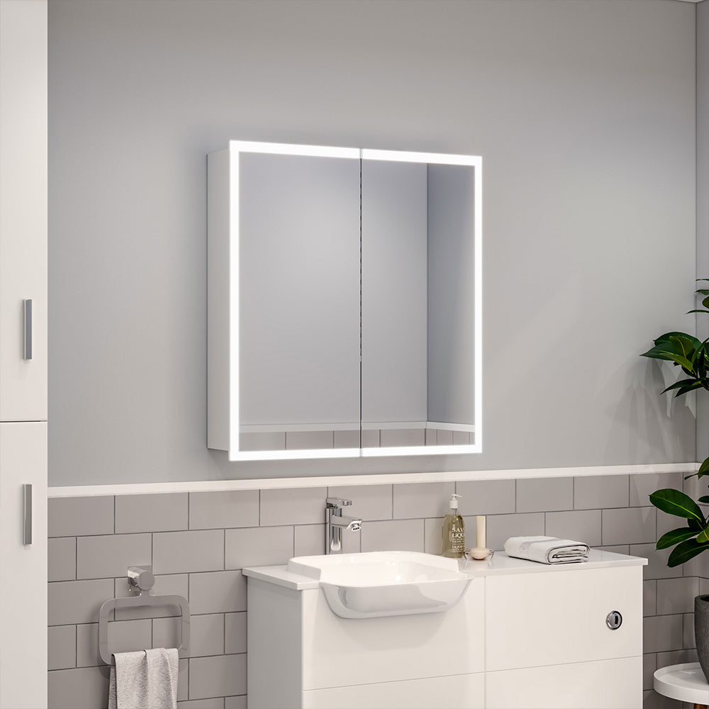 Double Door Frameless Mirror Storage Cabinet with LED Lights