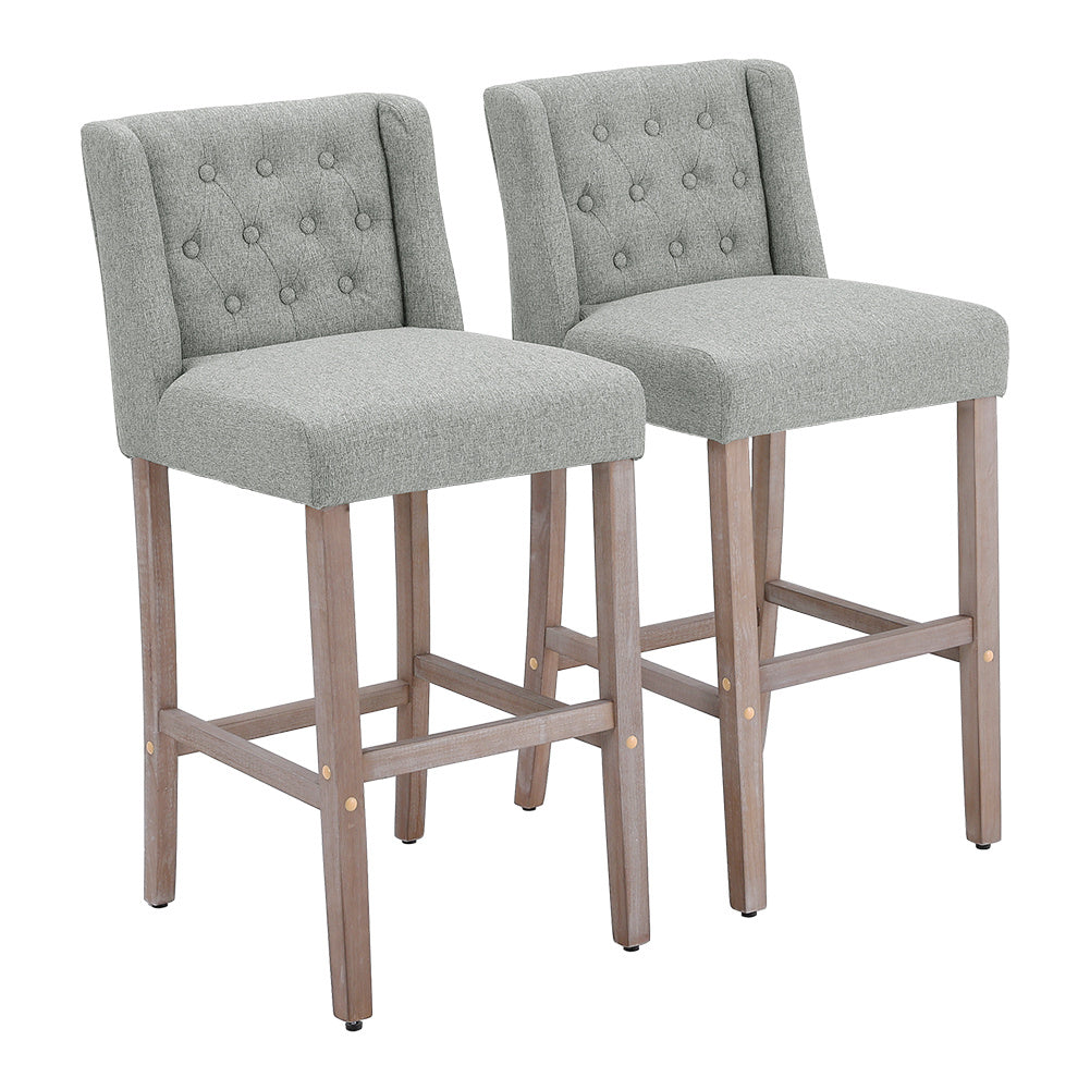Rustic Set of 2 Bar Stools Linen Tufted with Wood Legs