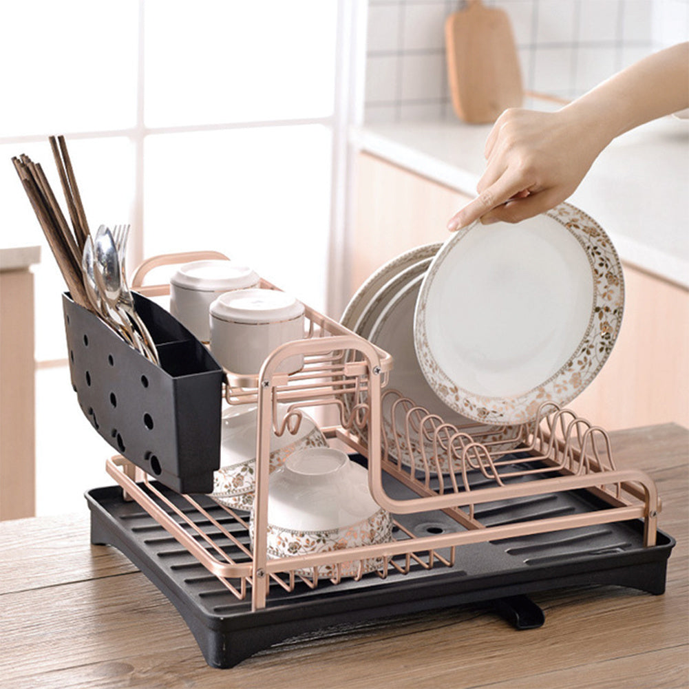 2 Tier Aluminum Dish Storage Rack with Cutlery Holder Drain Hole