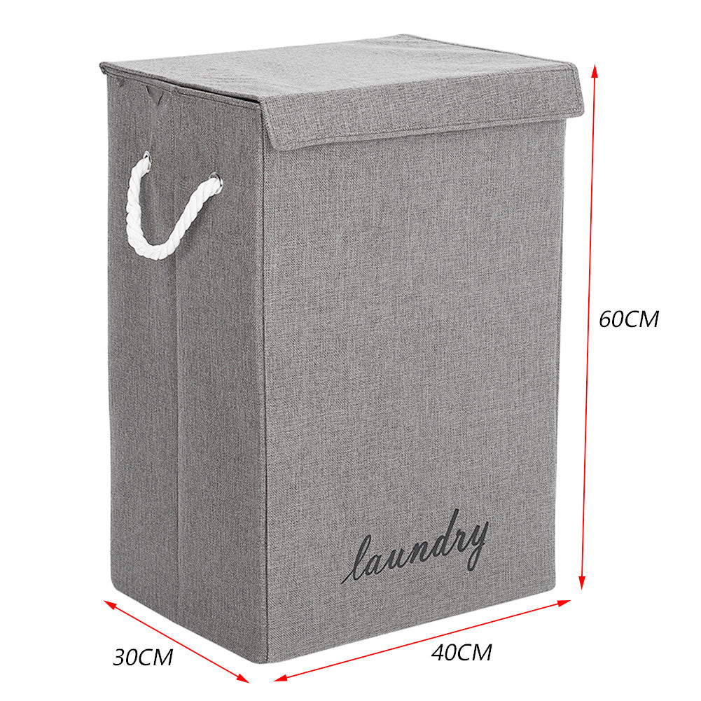 Grey Lidded Foldable Laundry Hamper Linen Fabric with Handles
