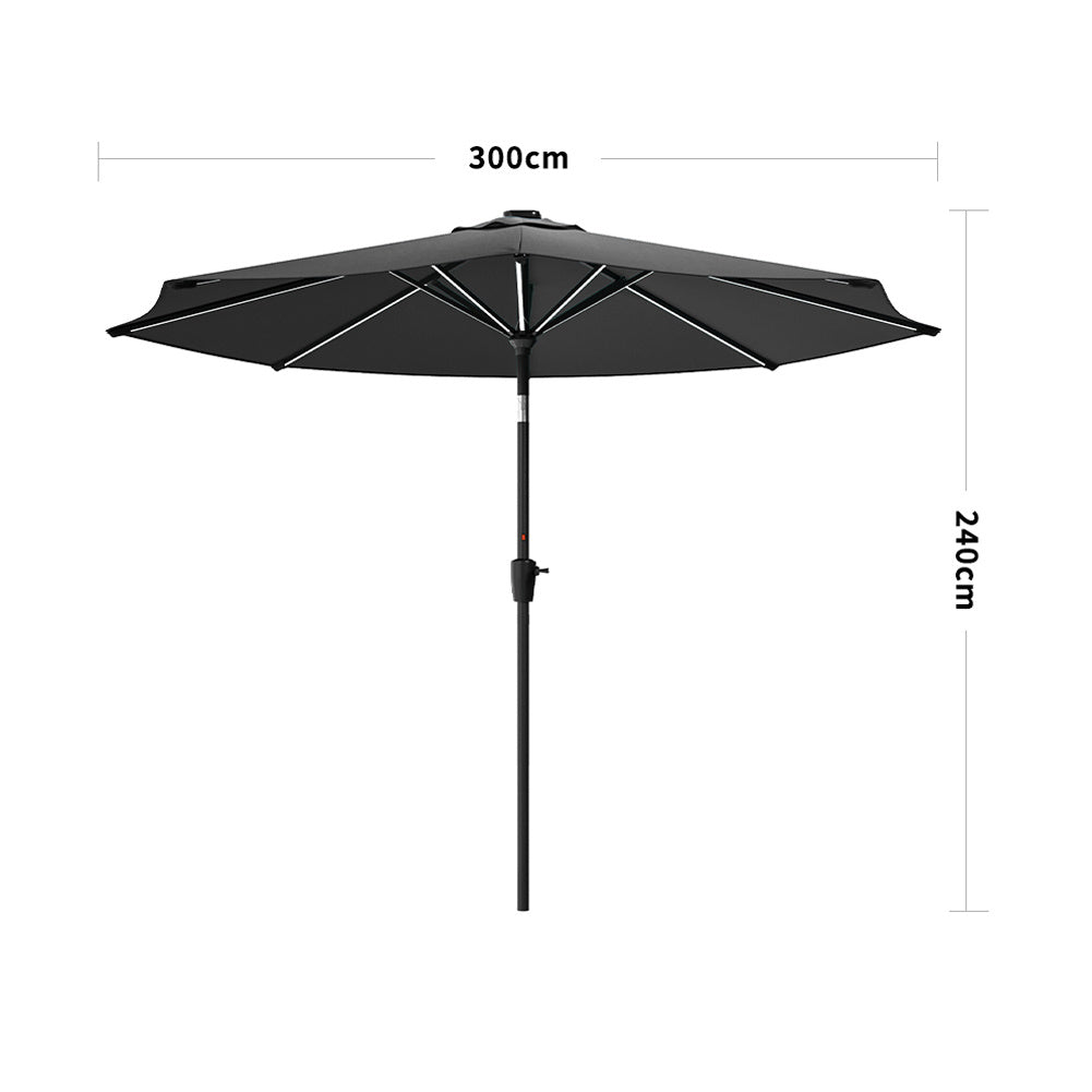 3M Large Garden LED Parasol Outdoor Beach Umbrella with Light Sun Shade Crank Tilt No Base, Gark Grey