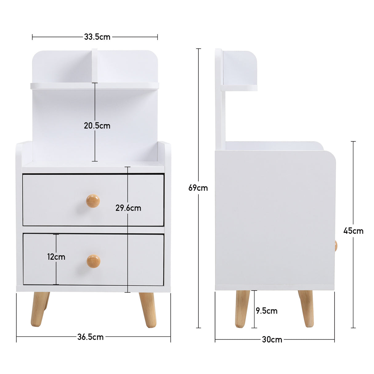 Wood White Bedside Table Nightstand With two Drawers