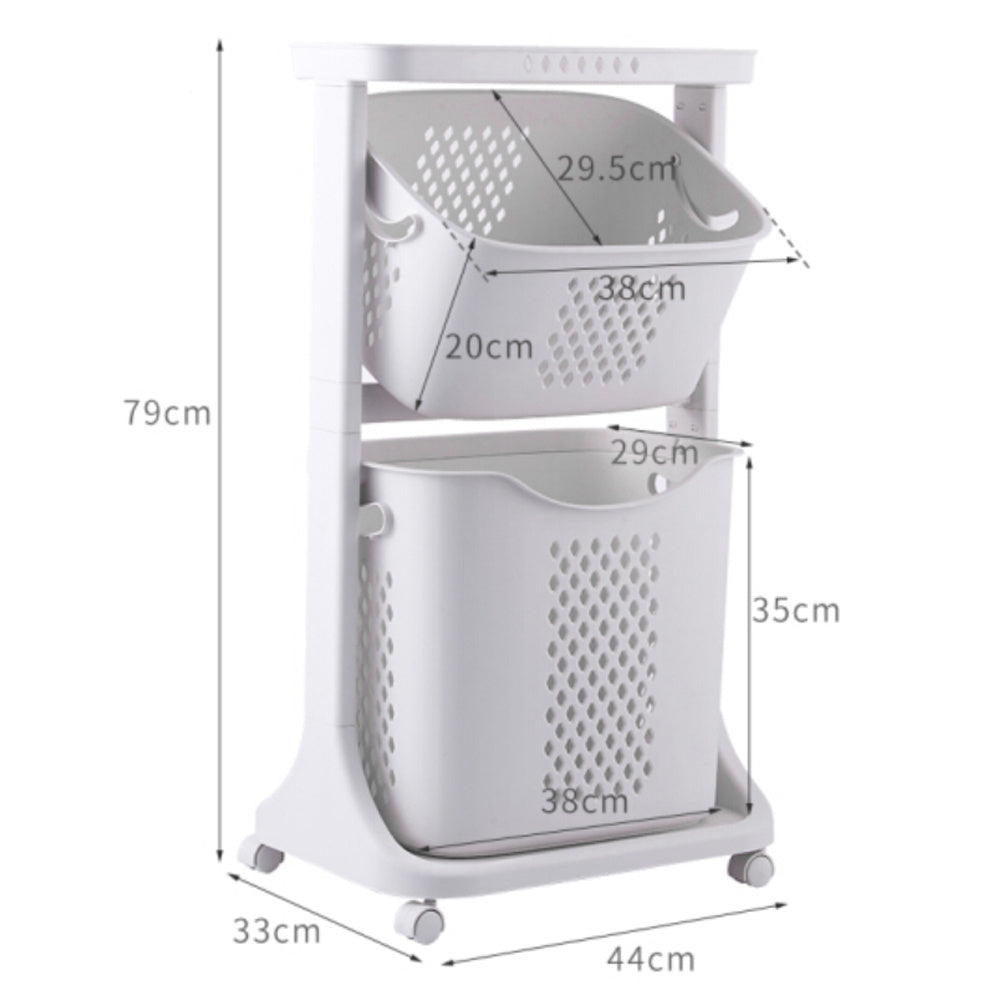 2 Tier Plastic Laundry Basket Trolley Cart Washing Clothes Sorter Organizer