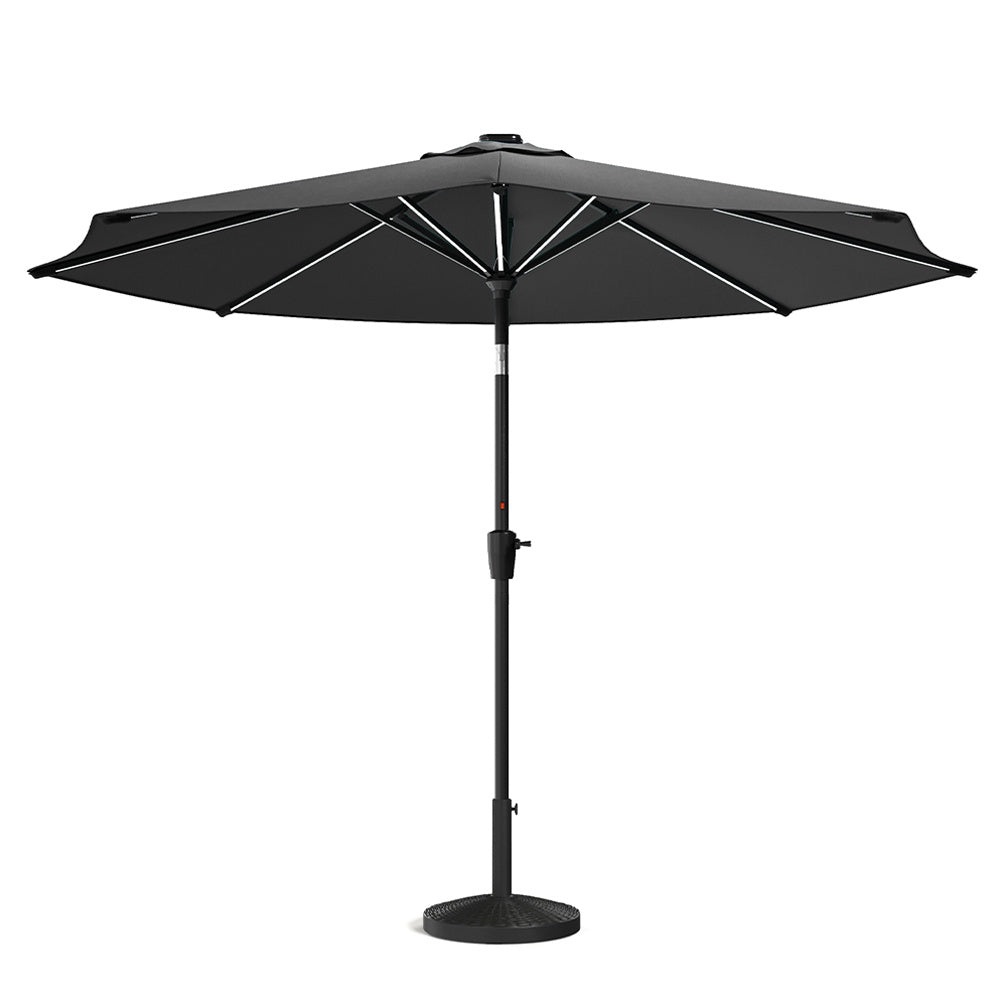 3M Large Garden LED Parasol Outdoor Beach Umbrella with Light Sun Shade Crank Tilt with 14KG Round Base, Gark Grey