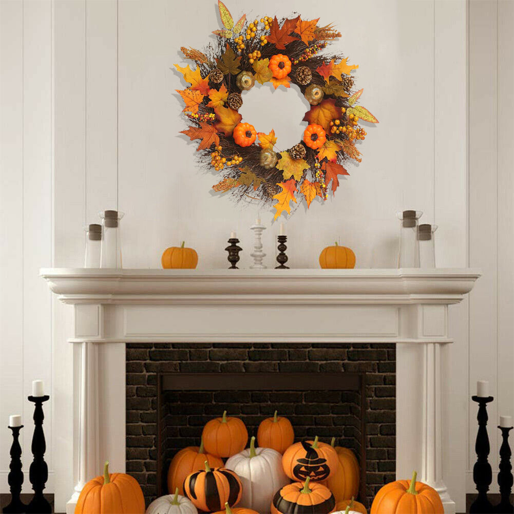 45CM Fall Pumpkin Wreath Autumn Maple Leaf Garland With LED Light