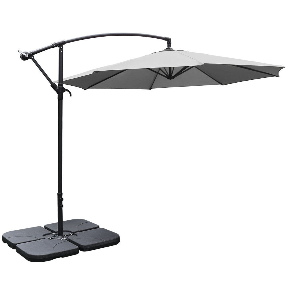Garden 3M Light Grey Banana Parasol Cantilever Hanging Sun Shade Umbrella Shelter with Square Base