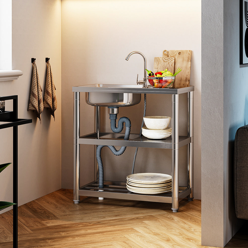 Silver Kitchen Stainless Steel One Compartment Sink with Shelves and Drainboard