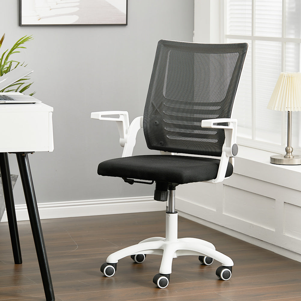 Mesh Office Chair Ergonomic Design with White Flip up Armrests Black