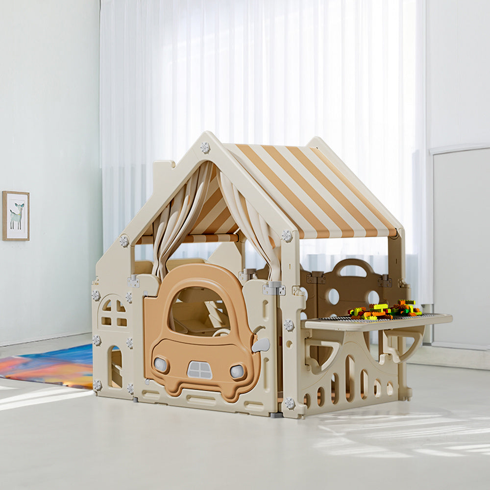 Khaki Playhouse with Storage Rack and Building Block Table