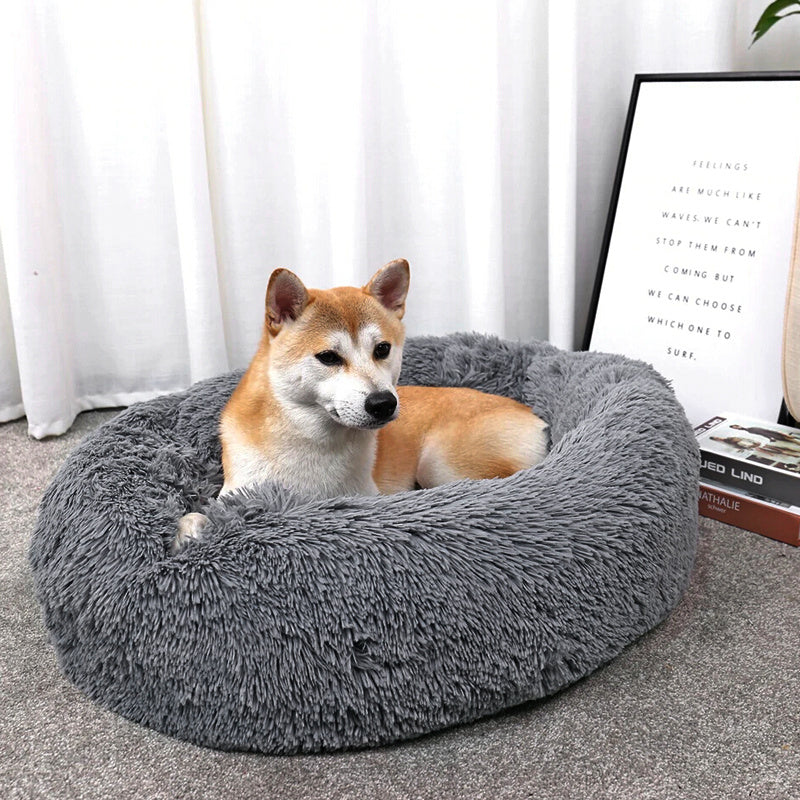 60CM Round Faux Fur Fluffy Shaggy Sheepskin Pet Bed, Dark Grey