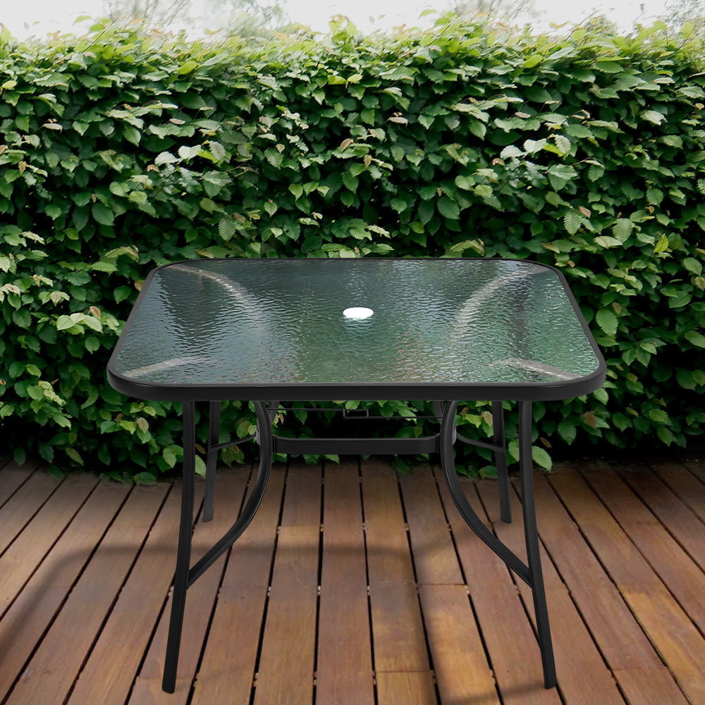 105CM Garden Ripple Glass Square Table With Umbrella Hole, Black