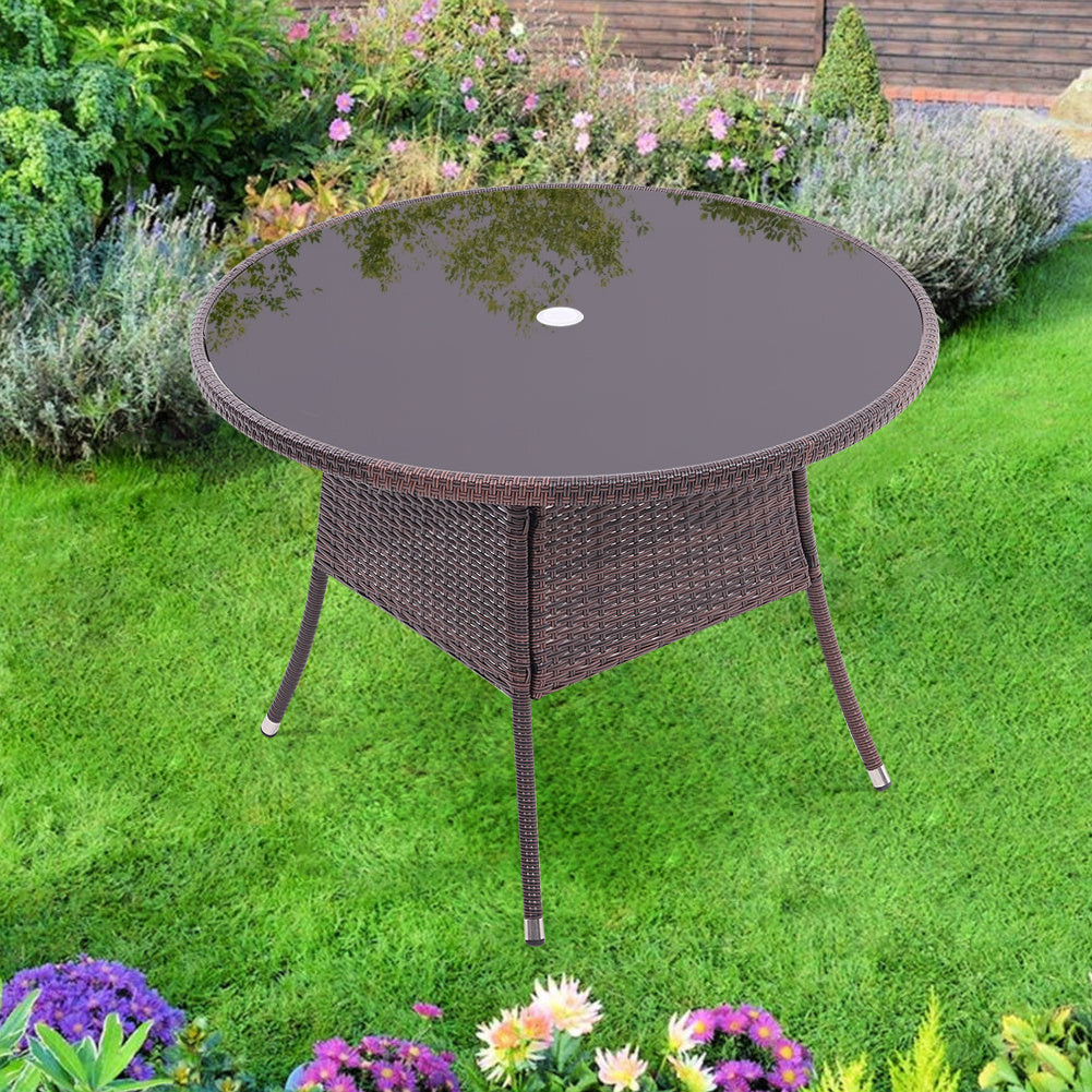 105CM Patio Garden Round Rattan Glass Table With Umbrella Hole Brown