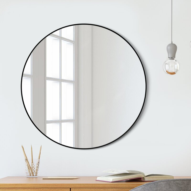 Modern Wall Mounted Slim Frame Round Mirror, Black 80cm