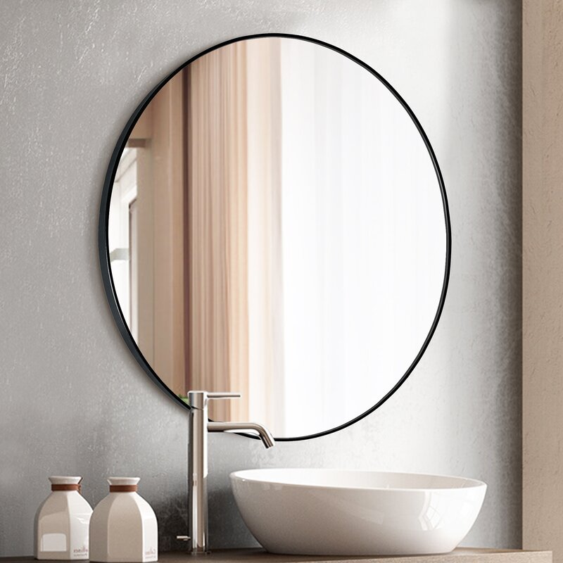 Modern Wall Mounted Slim Frame Round Mirror, Black 70cm