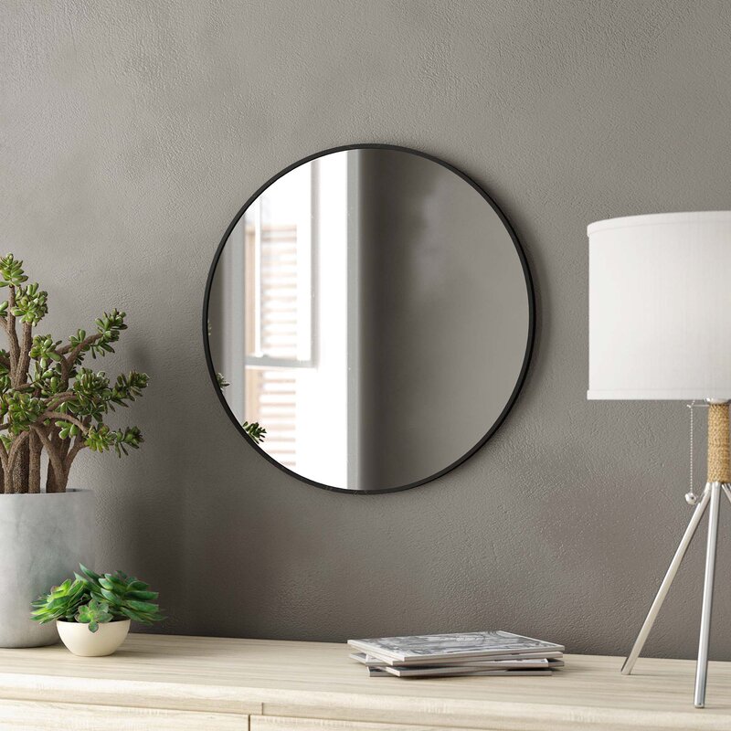 Modern Wall Mounted Slim Frame Round Mirror, Black 50cm