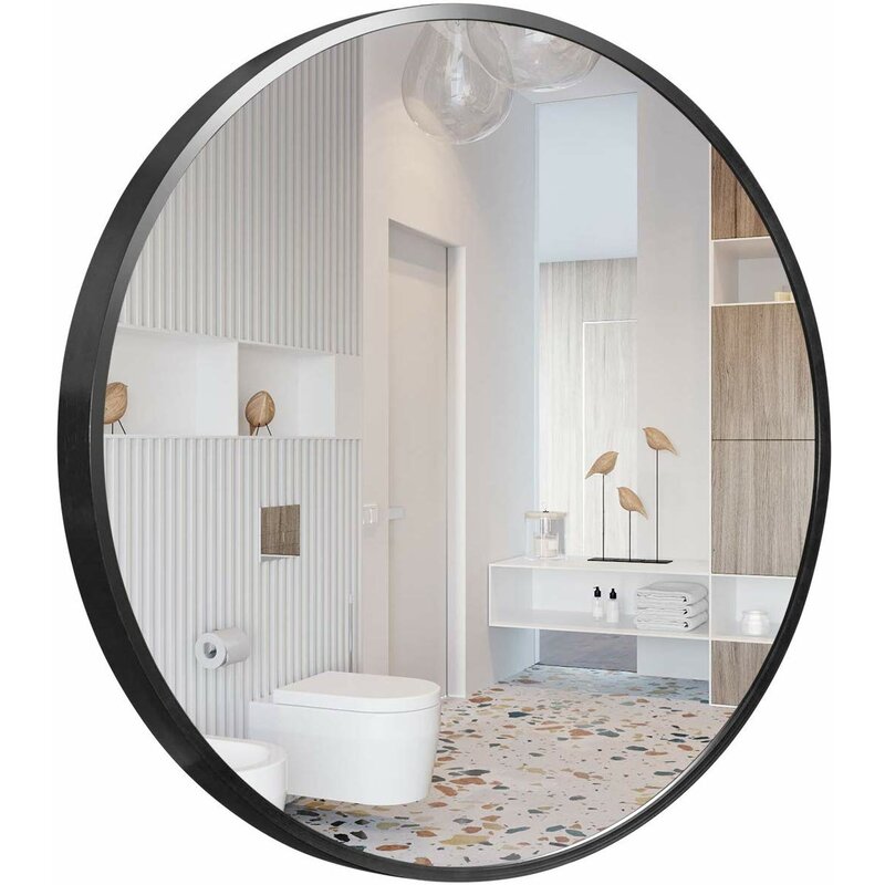 Modern Wall Mounted Slim Frame Round Mirror, Black 60cm