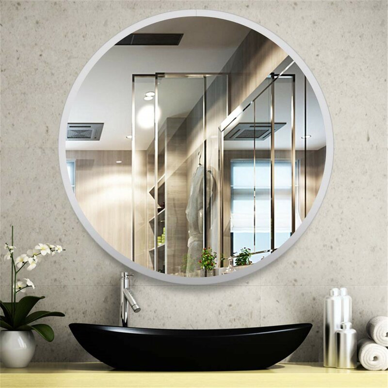 Modern Wall Mounted Slim Frame Round Mirror, White 40cm