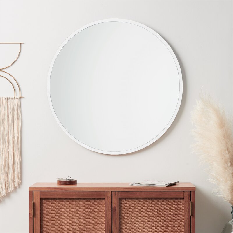 Modern Wall Mounted Slim Frame Round Mirror, White 50cm