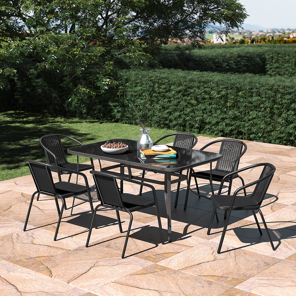 Set of 7 Garden 150CM Rectangle Glass Umbrella Table and Stackable Chairs Set