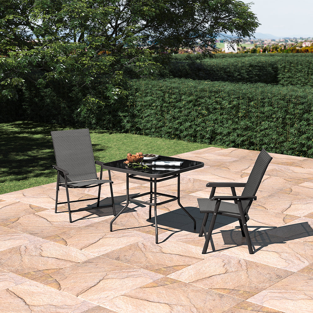 Set of 3 Garden Patio Glass Umbrella Table and Folding Chairs Set