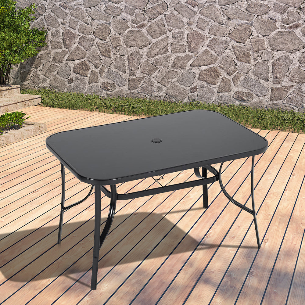 Black Garden Glass Top Rectangle Table With Umbrella Hole 120CM