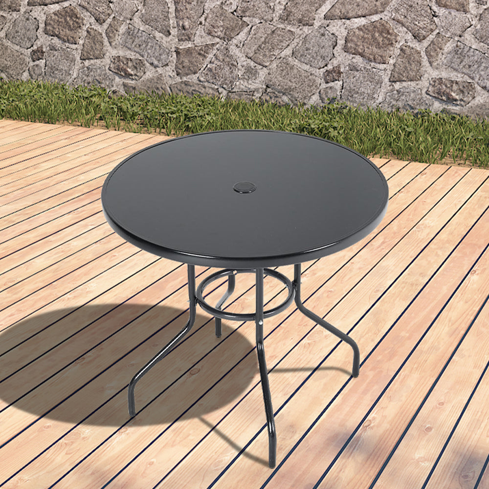 80CM Garden Glass Top Table With Umbrella Hole Round