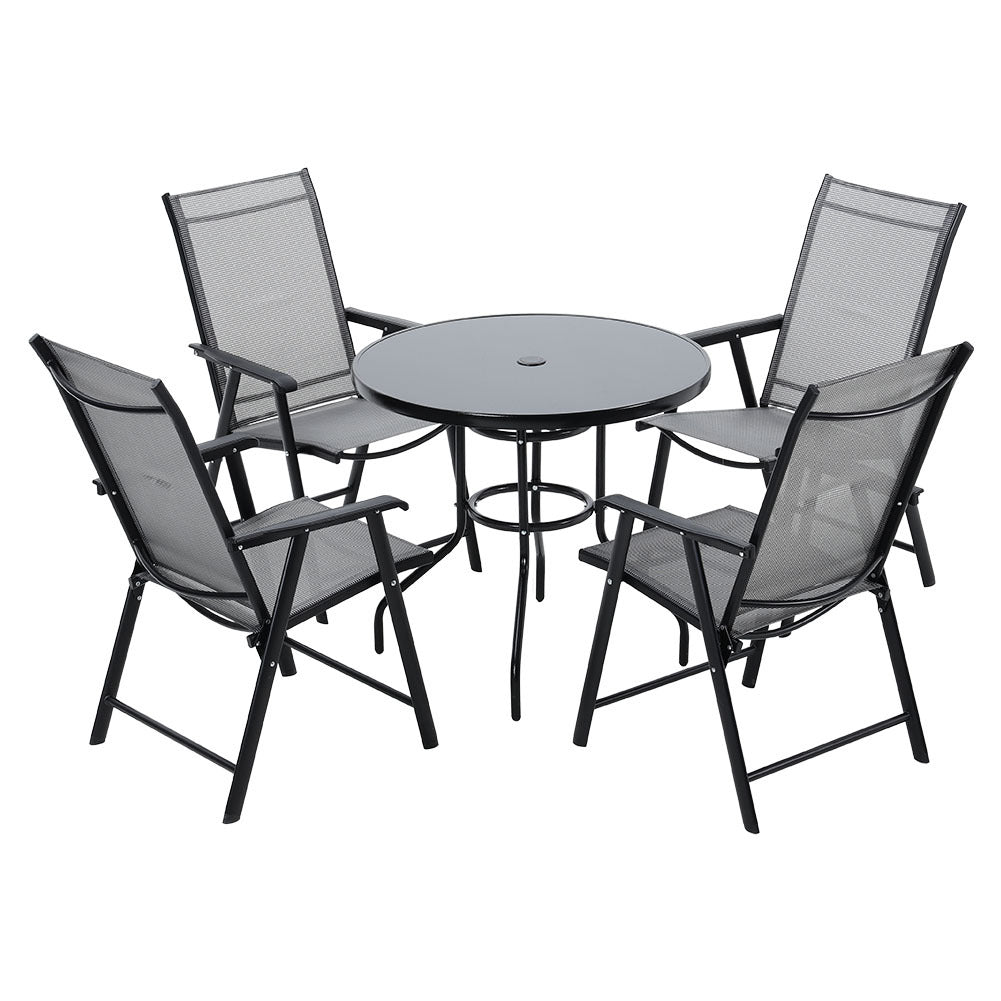 Set of 5 Garden Patio Glass Umbrella Round Table and Folding Chairs Set
