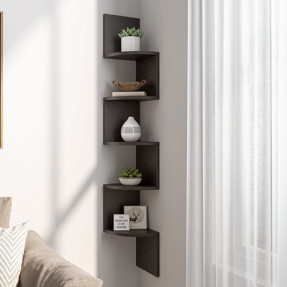 5 Tier Floating Wall Corner Shelves Display Storage Rack, Black